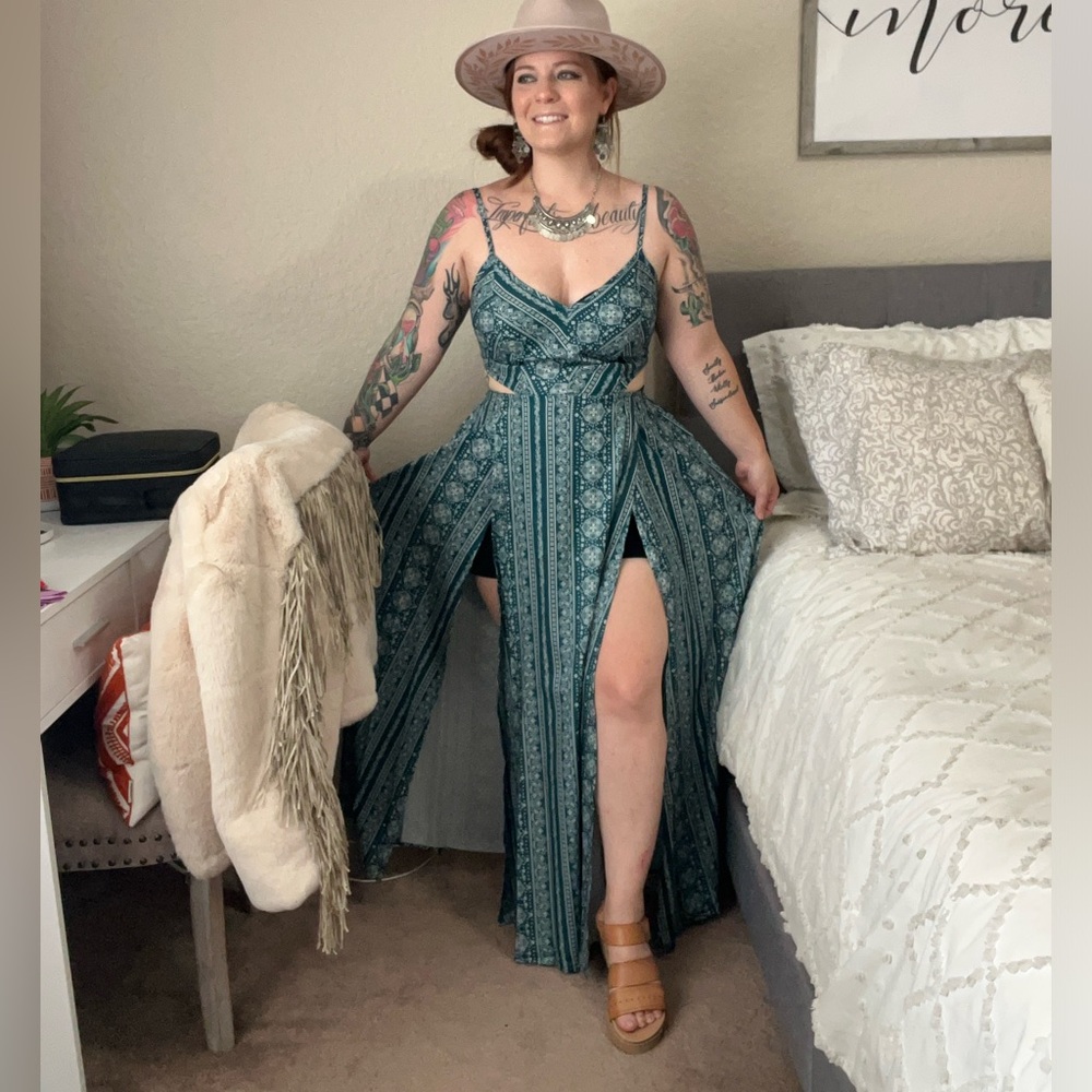 Bohemian Teal Green Maxi Dress with Slits